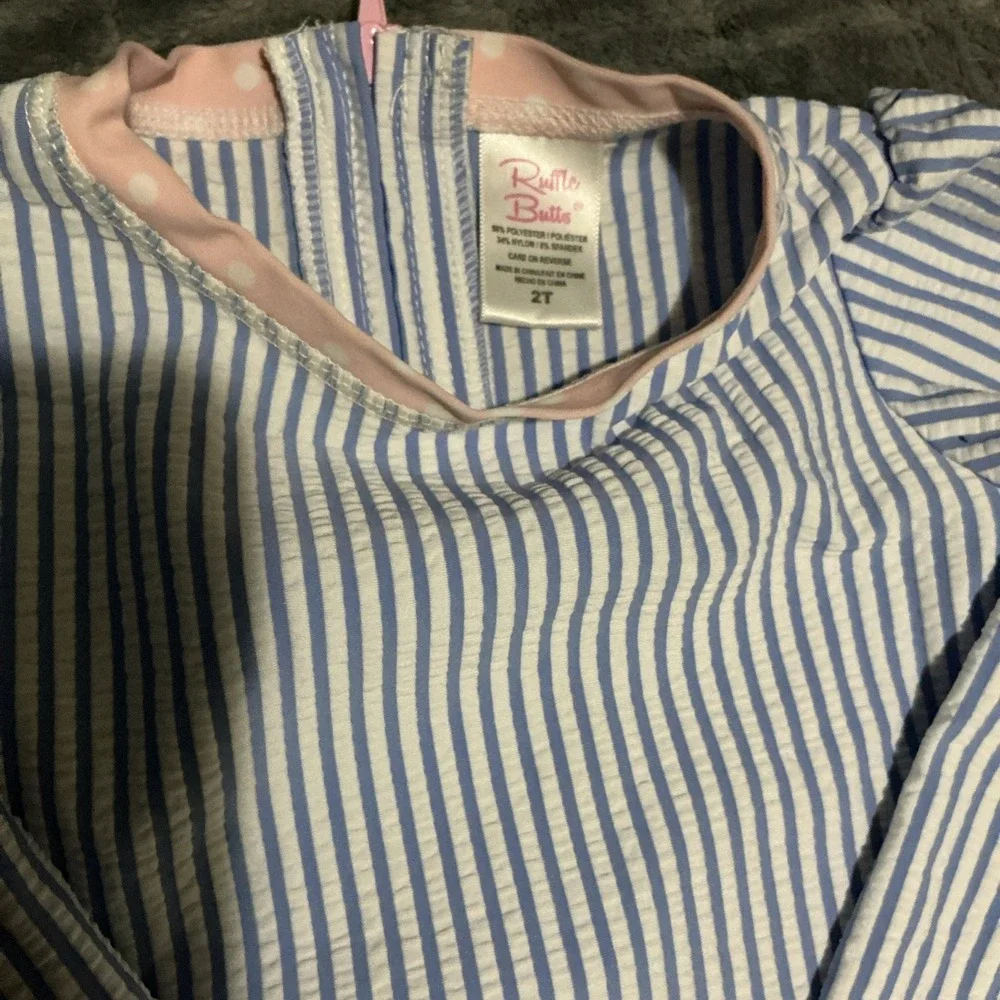 RuffleButts Baby Swimsuit 2T Blue/White/Pink Striped Long Sleeve One‑Piece - Picture 3 of 4